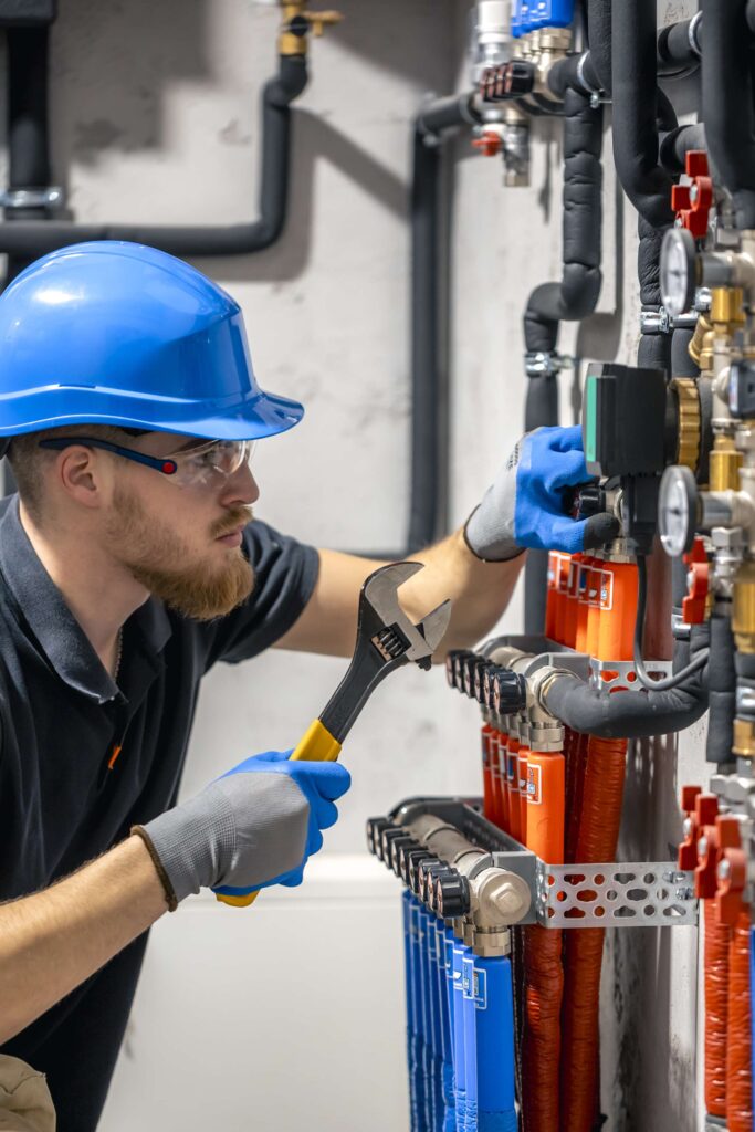 The technician checking the heating system in the boiler room. Adjusting heating valves in a residential building. A plumbing and heating technician works.